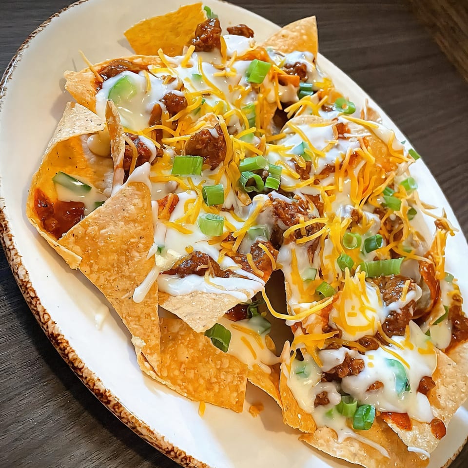 Loaded nachos with ground beef, melted cheese, sour cream, and green onions on a white plate.