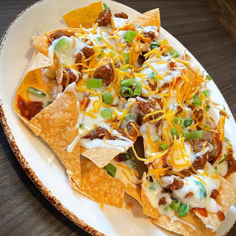Loaded nachos with ground beef, melted cheese, sour cream, and green onions on a white plate.