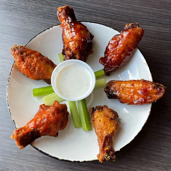 A plate of six Texas Forever Bar and Grill chicken wings with ranch dressing and celery sticks.